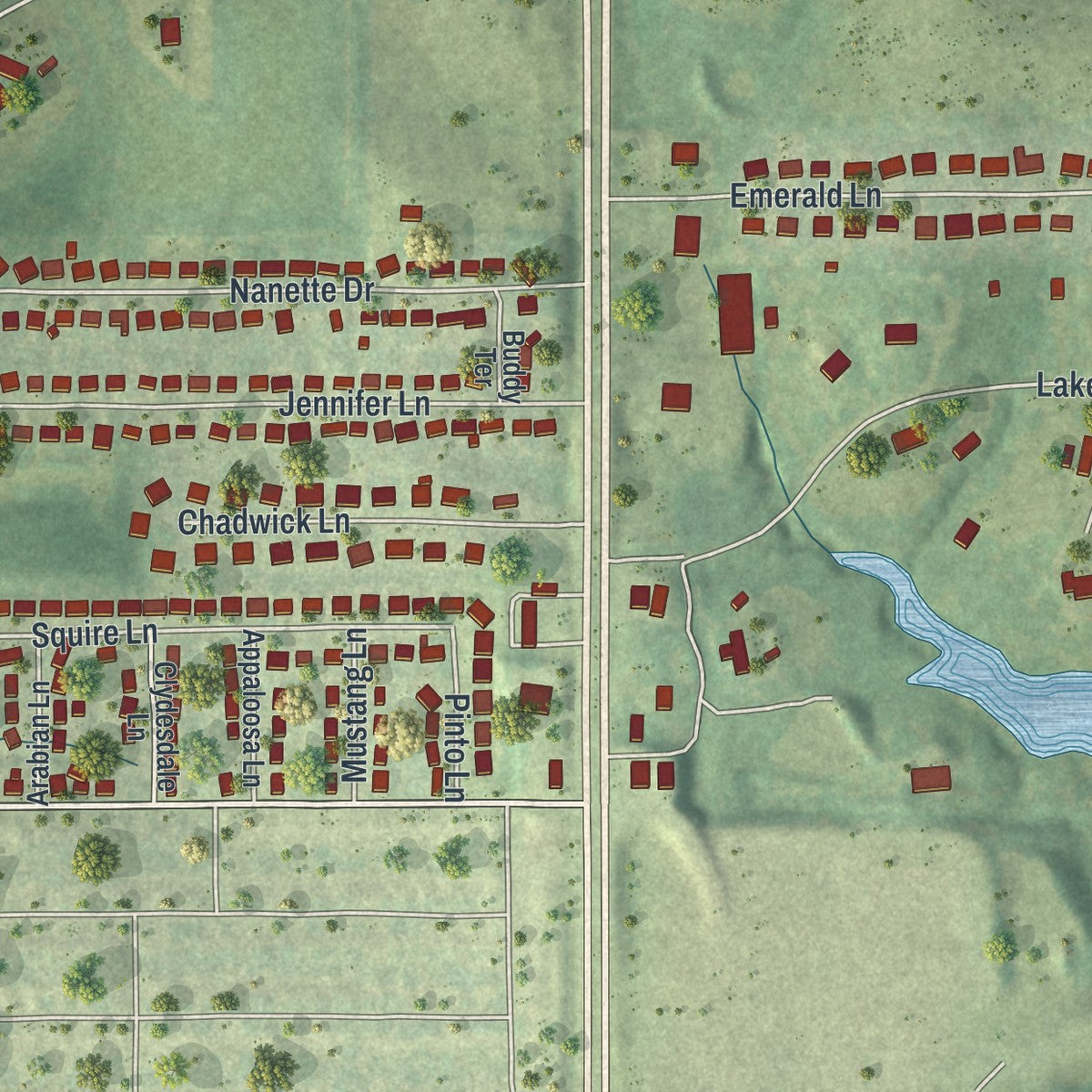 Close-up of the map of Country Club, Missouri print showing street and building detail