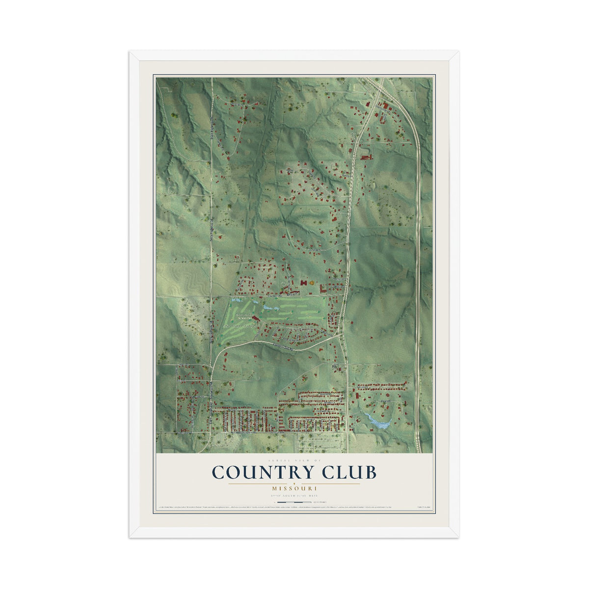 Map of Country Club, Missouri, 12 x 18 inch print in a white wood frame