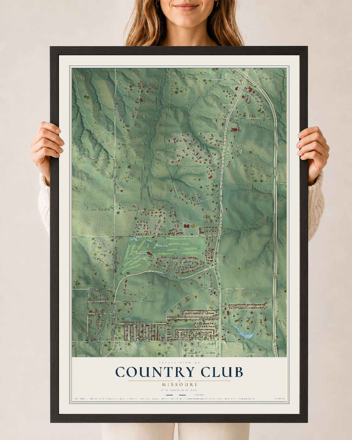 Map of Country Club, Missouri, 24 x 36 inch print in a black wood frame