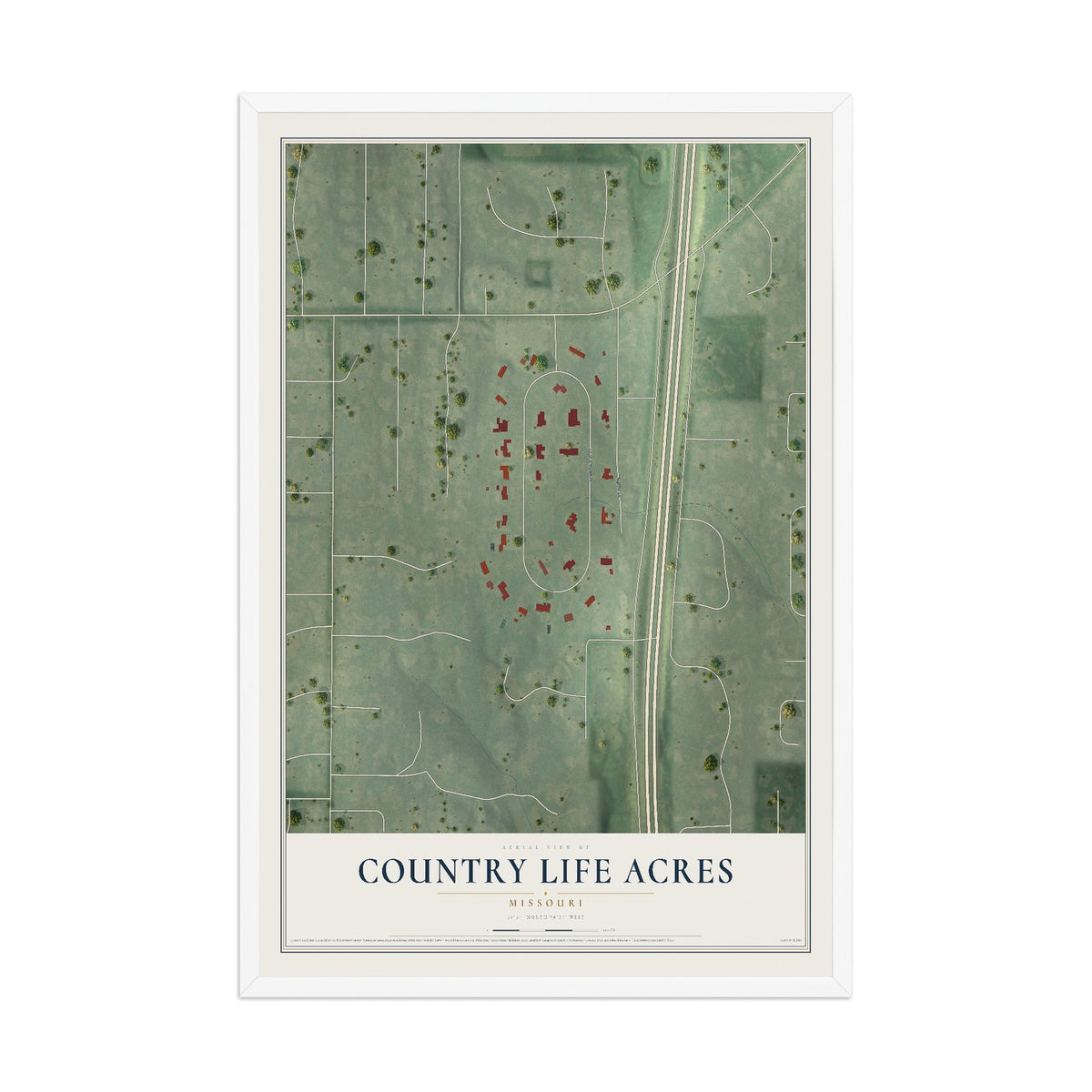 Map of Country Life Acres, Missouri, 12 x 18 inch print in a white wood frame
