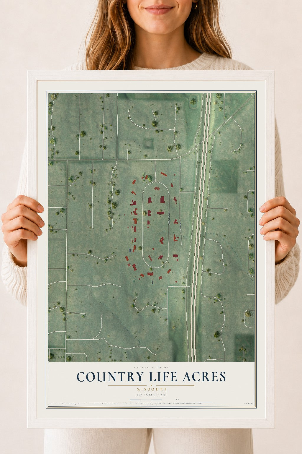 Map of Country Life Acres, Missouri, 18 x 24 inch print in a white wood frame