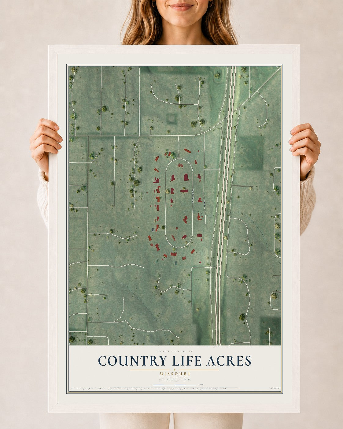 Map of Country Life Acres, Missouri, 24 x 36 inch print in a white wood frame