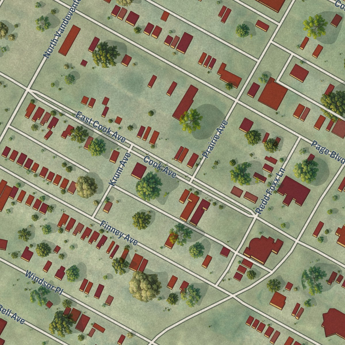 Close-up of the map of Covenant Blu-Grand Center, Missouri print showing street and building detail
