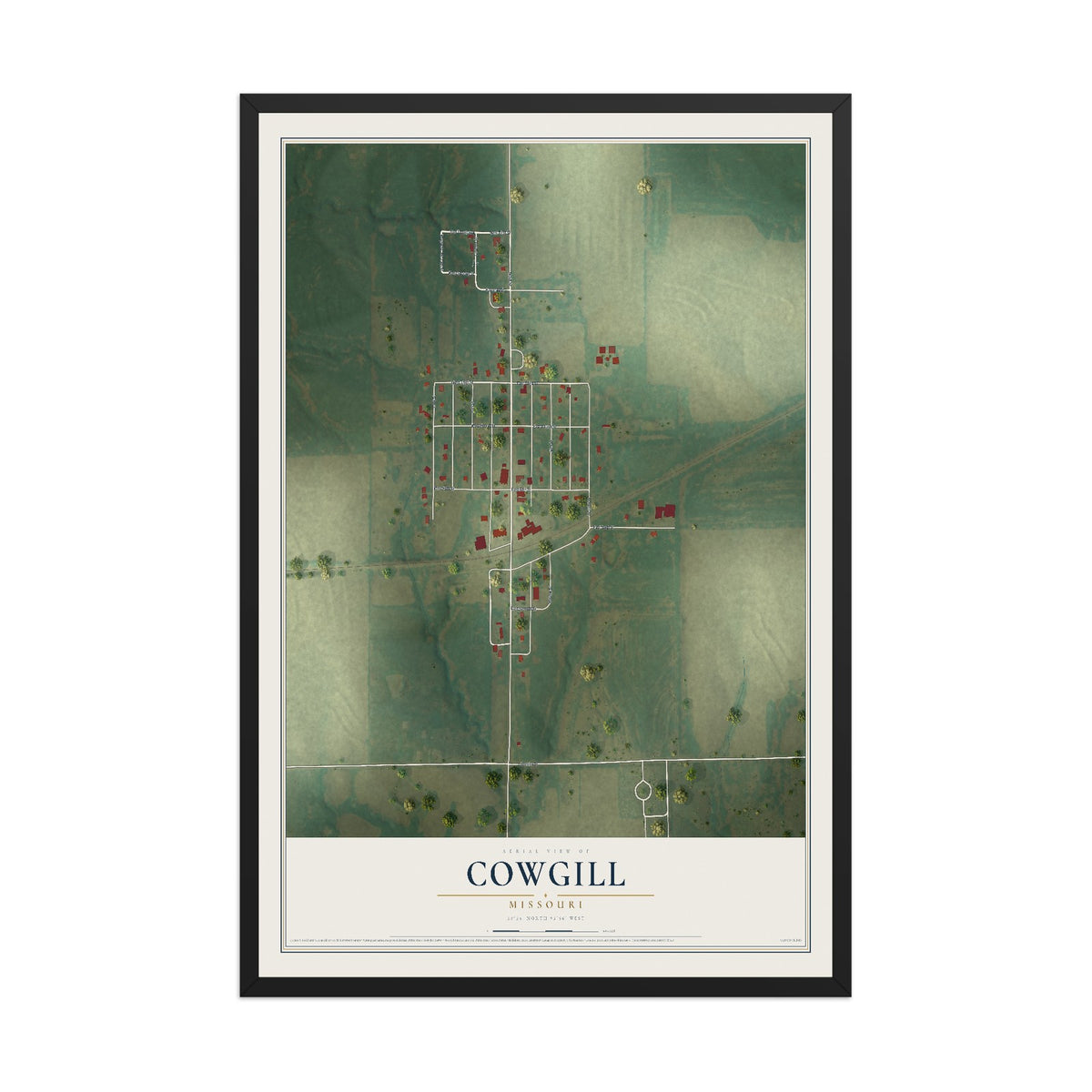 Map of Cowgill, Missouri, 12 x 18 inch print in a black wood frame
