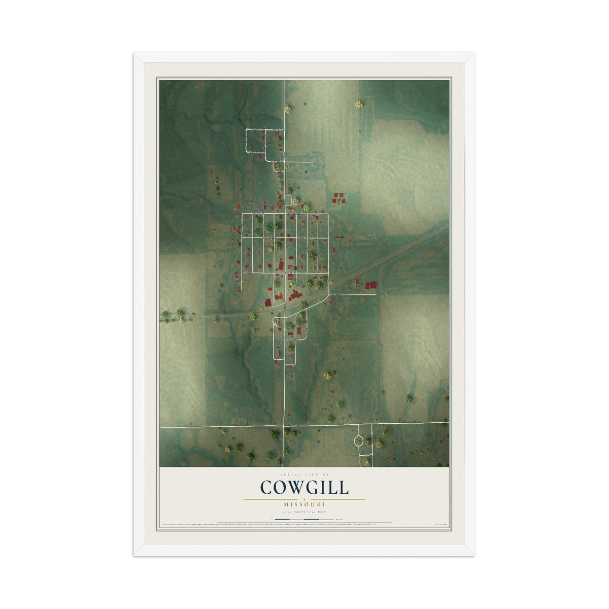 Map of Cowgill, Missouri, 12 x 18 inch print in a white wood frame