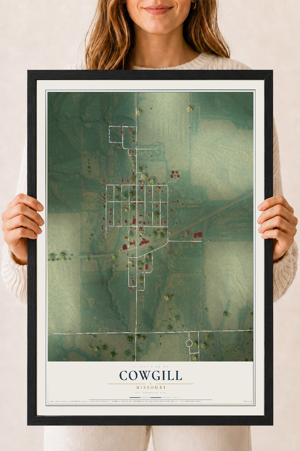 Map of Cowgill, Missouri, 18 x 24 inch print in a black wood frame