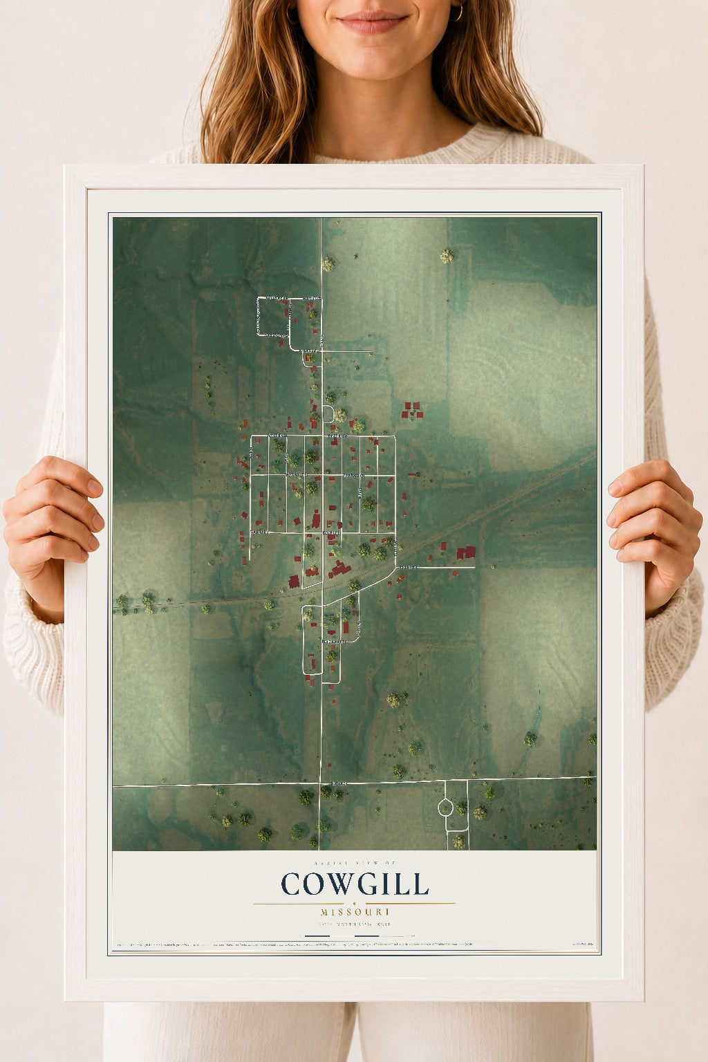 Map of Cowgill, Missouri, 18 x 24 inch print in a white wood frame