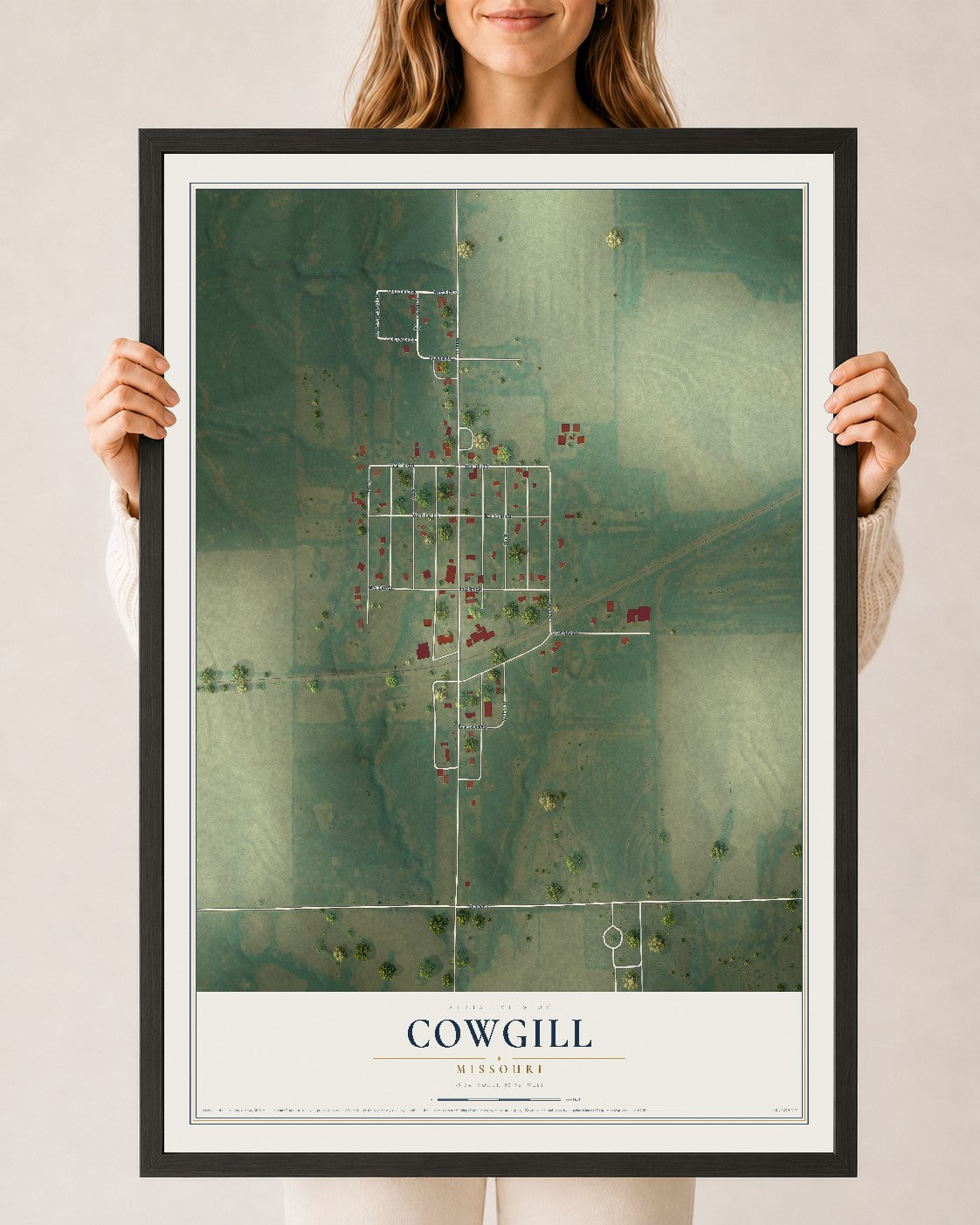 Map of Cowgill, Missouri, 24 x 36 inch print in a black wood frame
