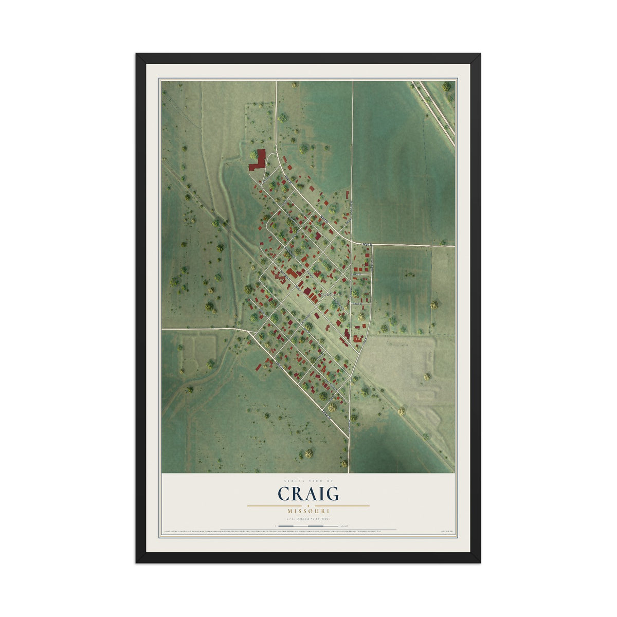 Map of Craig, Missouri, 12 x 18 inch print in a black wood frame