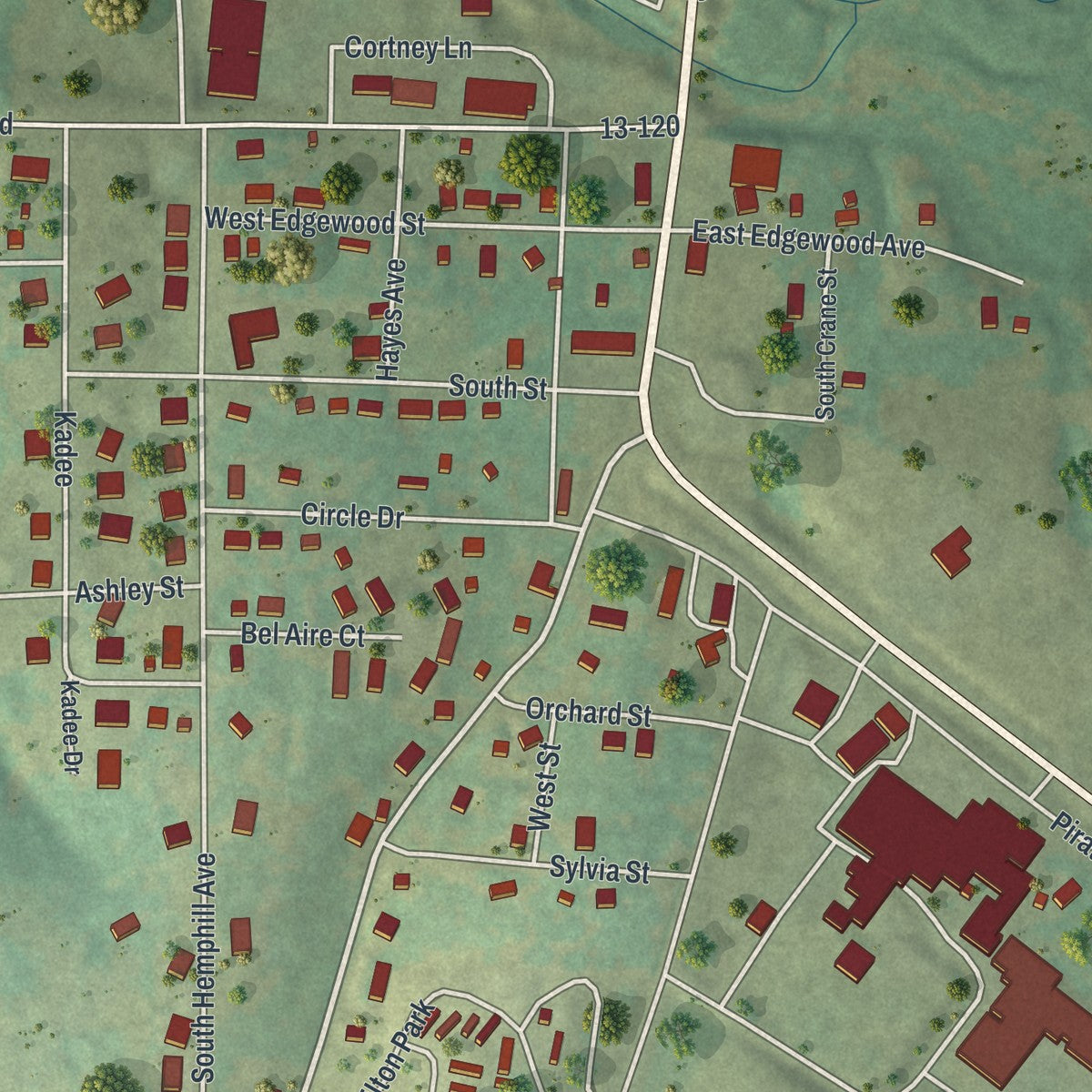 Close-up of the map of Crane, Missouri print showing street and building detail