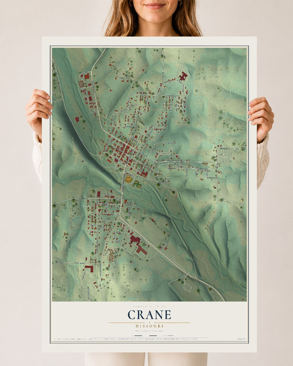 Map of Crane, Missouri, 24 x 36 inch unframed archival matte print