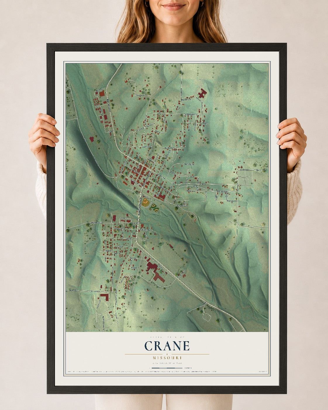 Map of Crane, Missouri, 24 x 36 inch print in a black wood frame