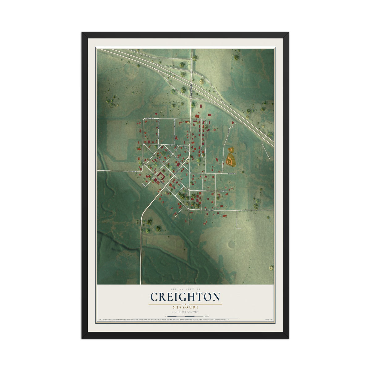 Map of Creighton, Missouri, 12 x 18 inch print in a black wood frame