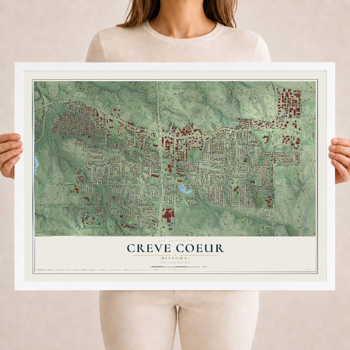 Map of Creve Coeur, Missouri, 18 x 24 inch print in a white wood frame