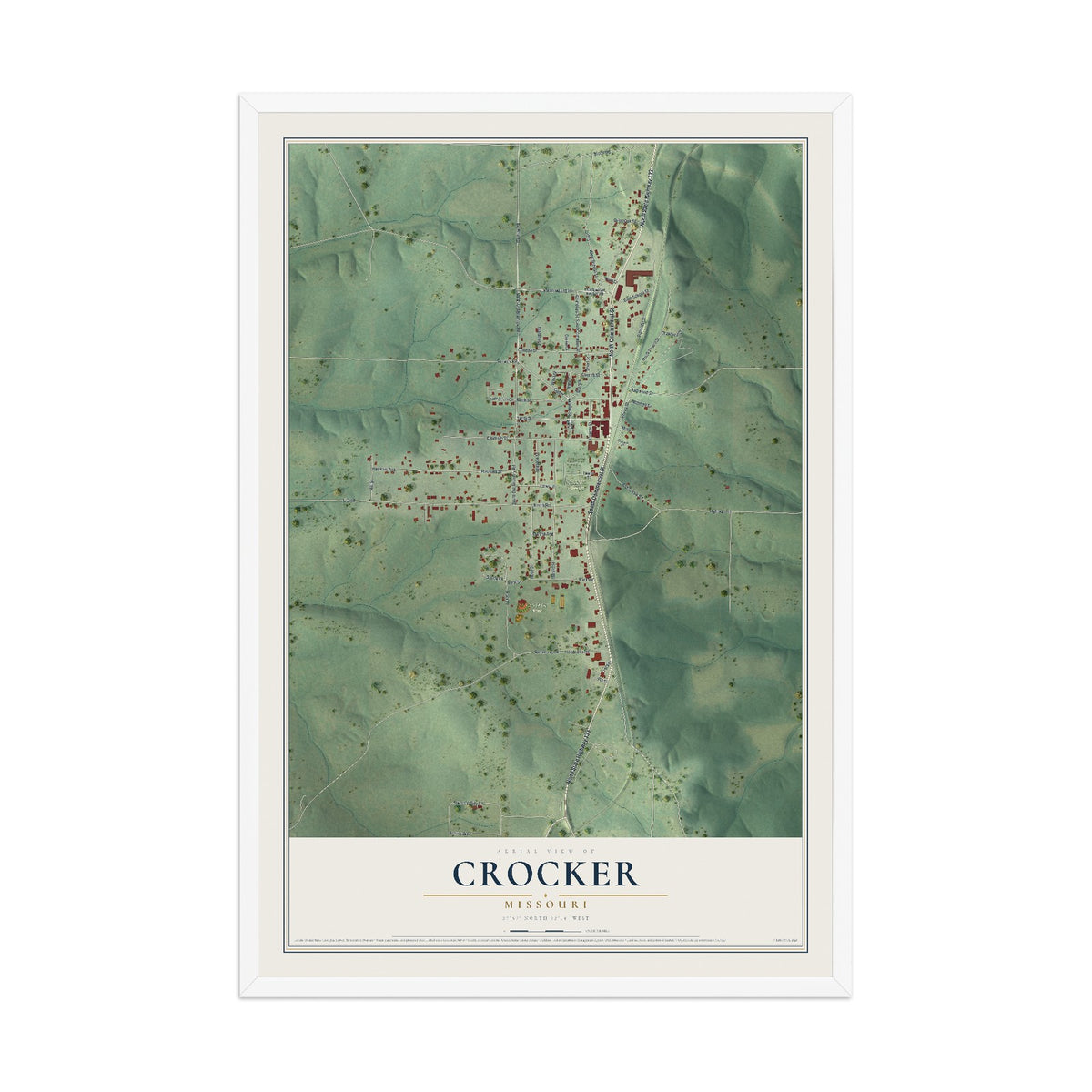 Map of Crocker, Missouri, 12 x 18 inch print in a white wood frame