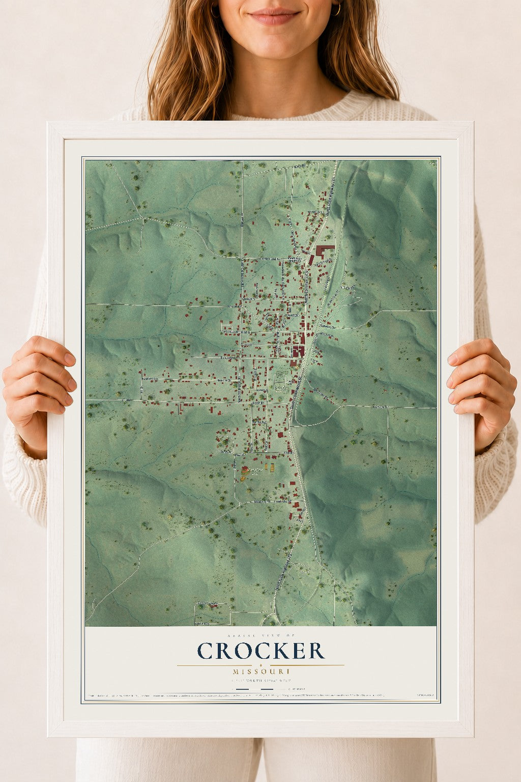 Map of Crocker, Missouri, 18 x 24 inch print in a white wood frame