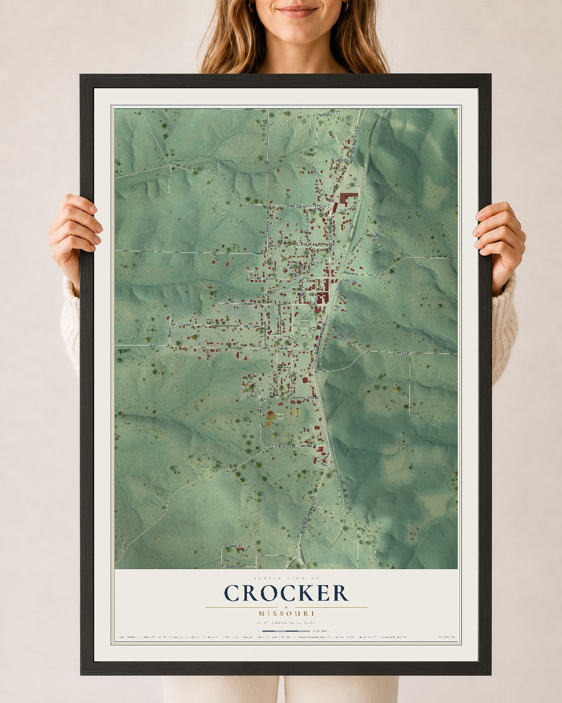 Map of Crocker, Missouri, 24 x 36 inch print in a black wood frame
