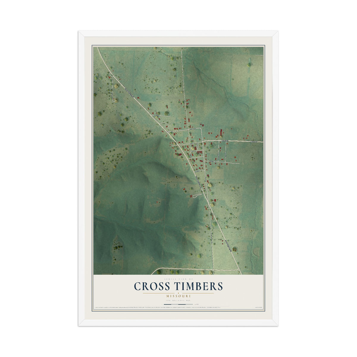 Map of Cross Timbers, Missouri, 12 x 18 inch print in a white wood frame