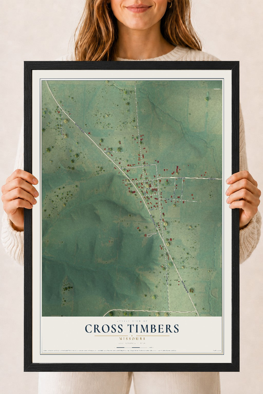 Map of Cross Timbers, Missouri, 18 x 24 inch print in a black wood frame
