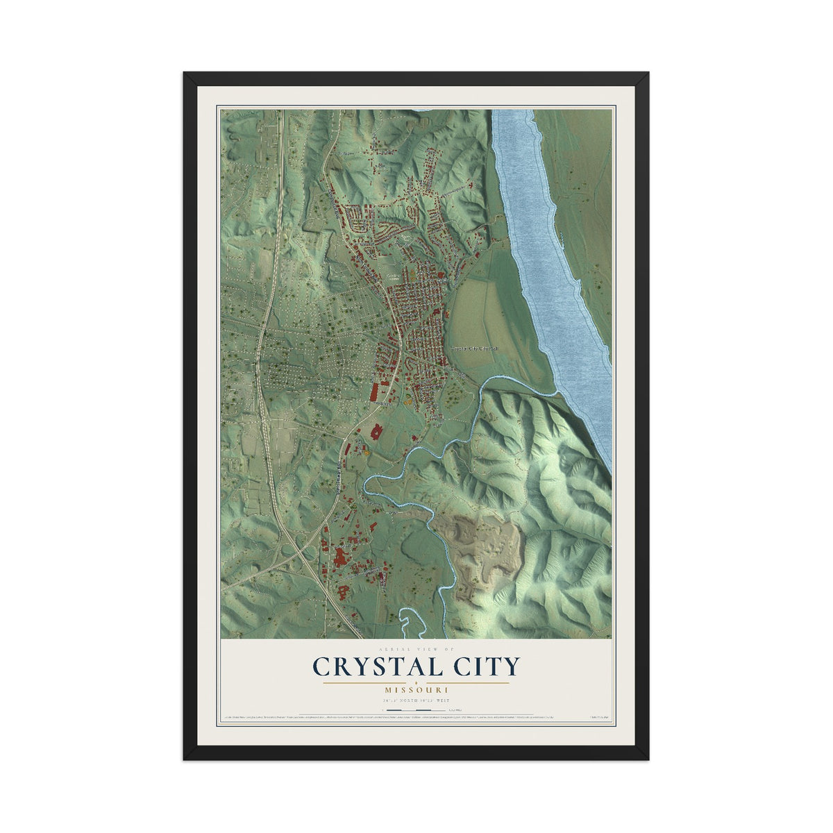 Map of Crystal City, Missouri, 12 x 18 inch print in a black wood frame