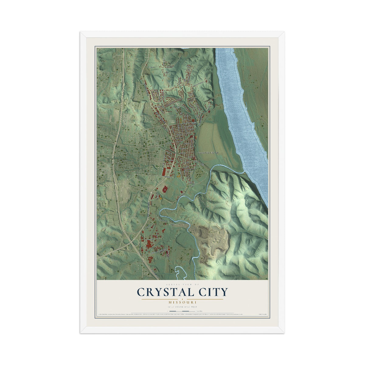 Map of Crystal City, Missouri, 12 x 18 inch print in a white wood frame