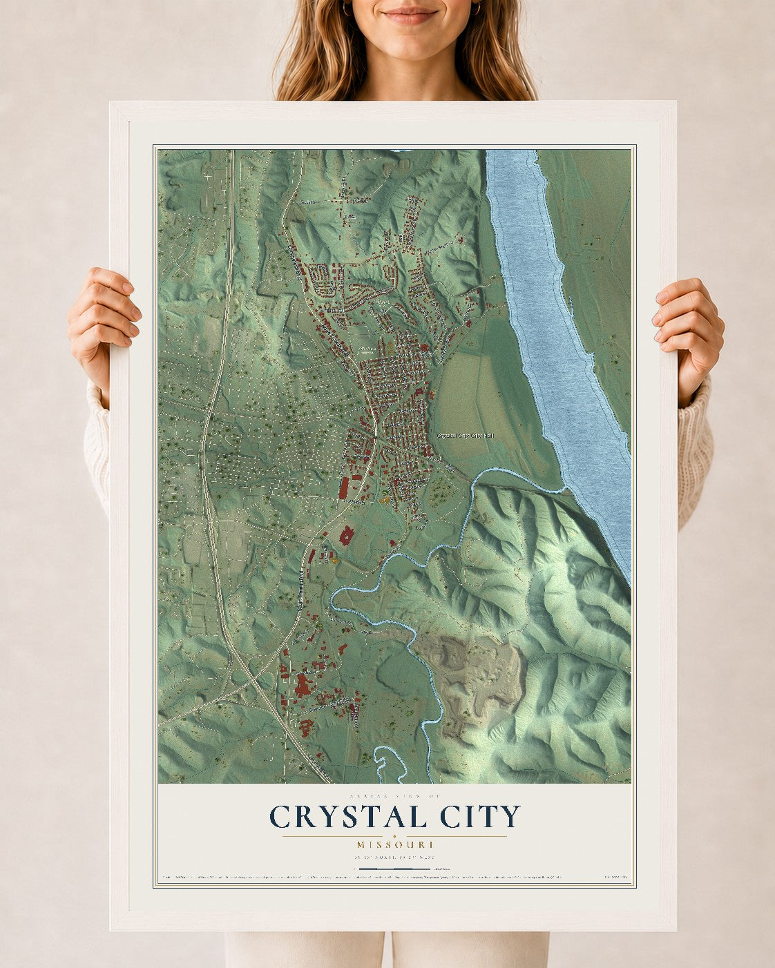 Map of Crystal City, Missouri, 24 x 36 inch print in a white wood frame