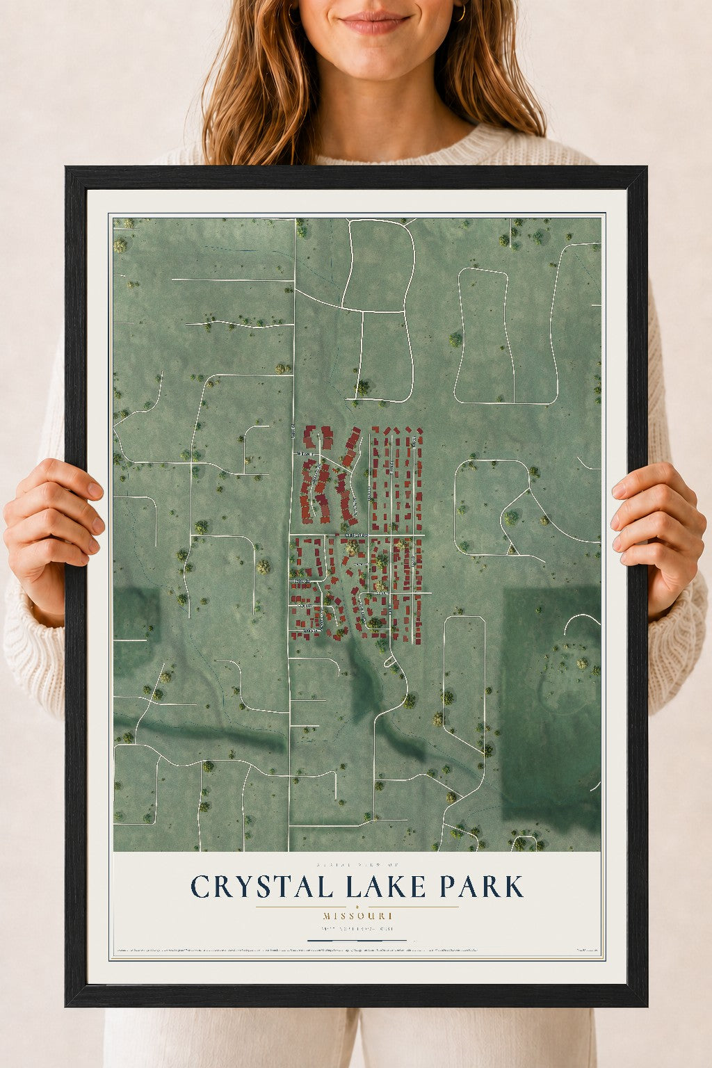Map of Crystal Lake Park, Missouri, 18 x 24 inch print in a black wood frame