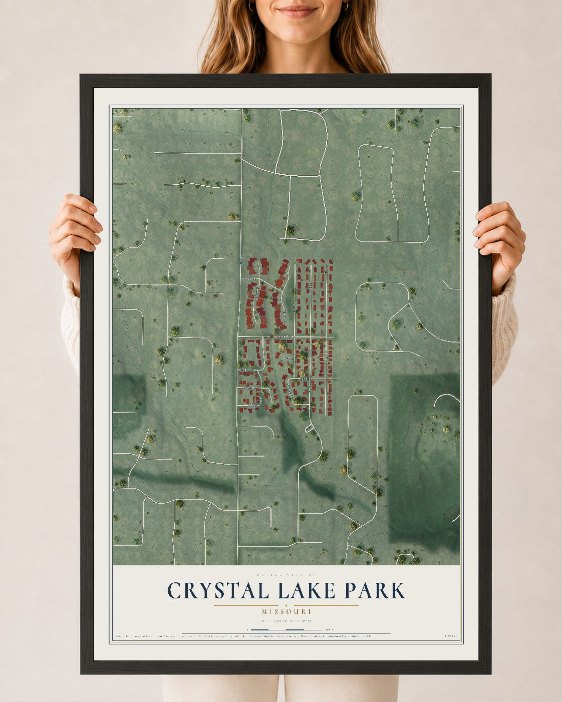 Map of Crystal Lake Park, Missouri, 24 x 36 inch print in a black wood frame