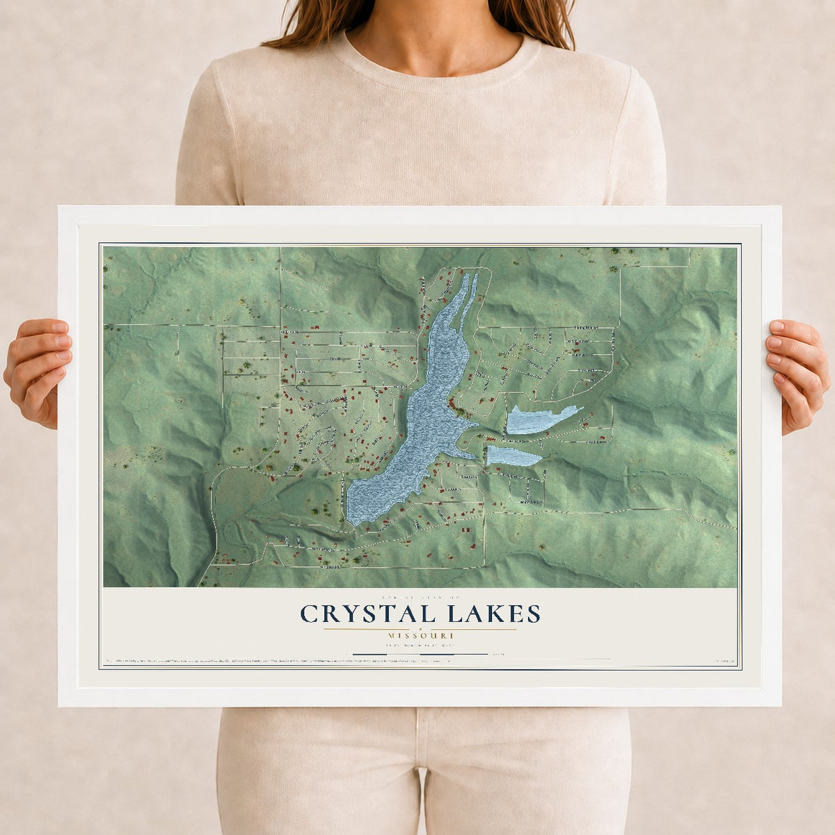 Map of Crystal Lakes, Missouri, 12 x 18 inch print in a white wood frame