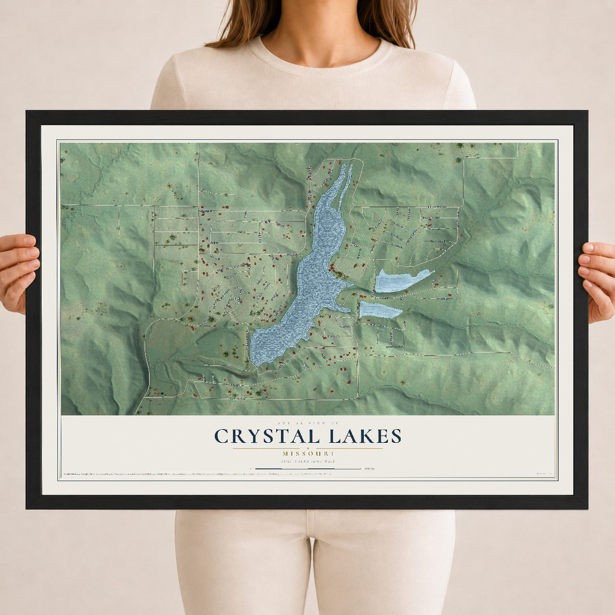 Map of Crystal Lakes, Missouri, 18 x 24 inch print in a black wood frame