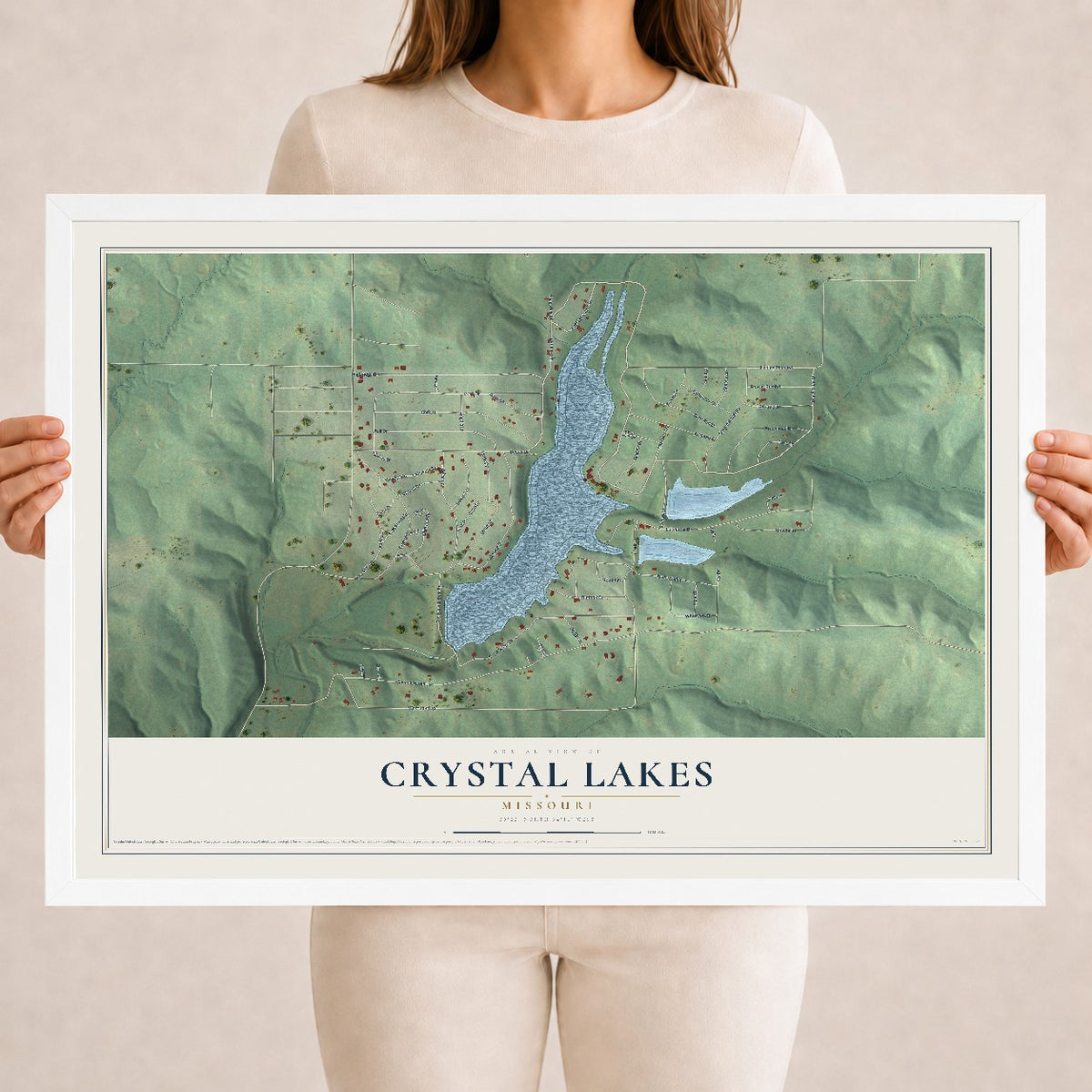 Map of Crystal Lakes, Missouri, 18 x 24 inch print in a white wood frame