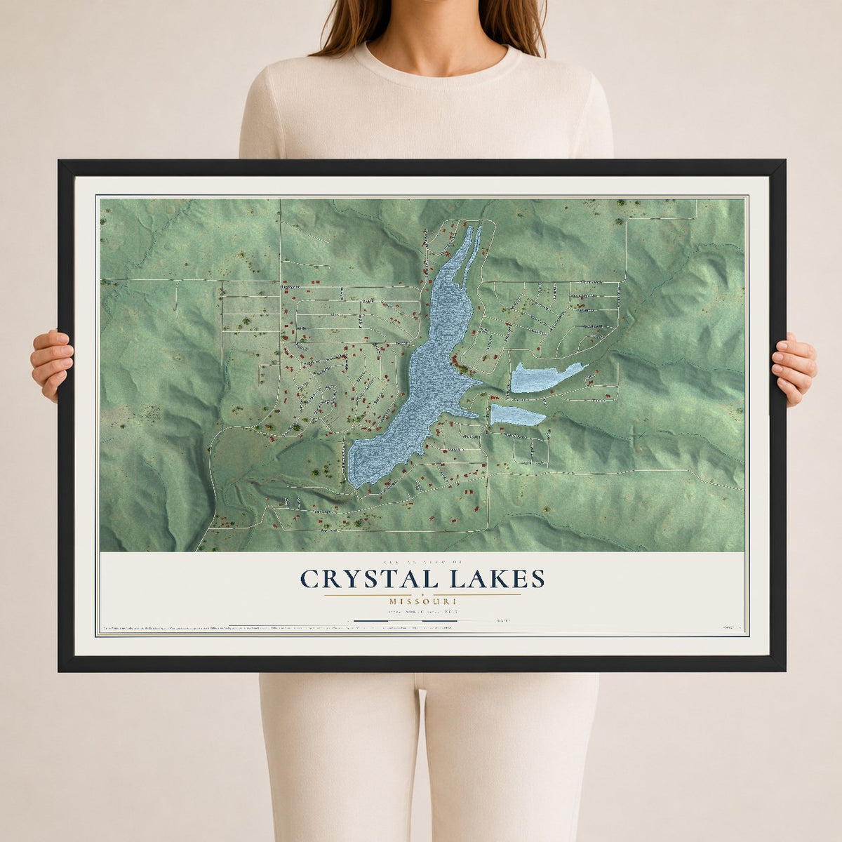 Map of Crystal Lakes, Missouri, 24 x 36 inch print in a black wood frame