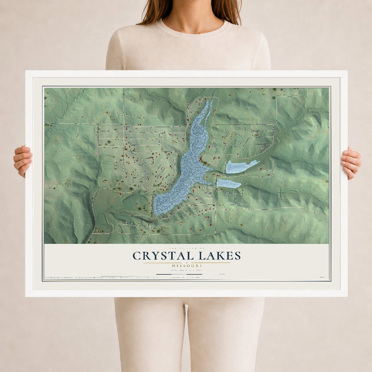 Map of Crystal Lakes, Missouri, 24 x 36 inch print in a white wood frame