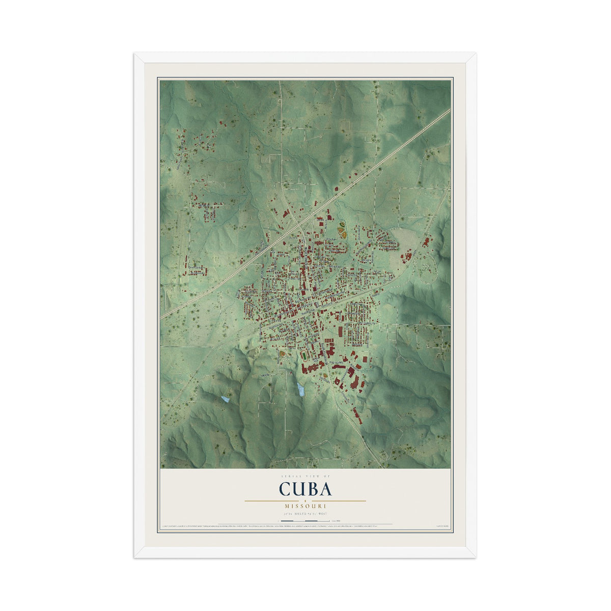 Map of Cuba, Missouri, 12 x 18 inch print in a white wood frame