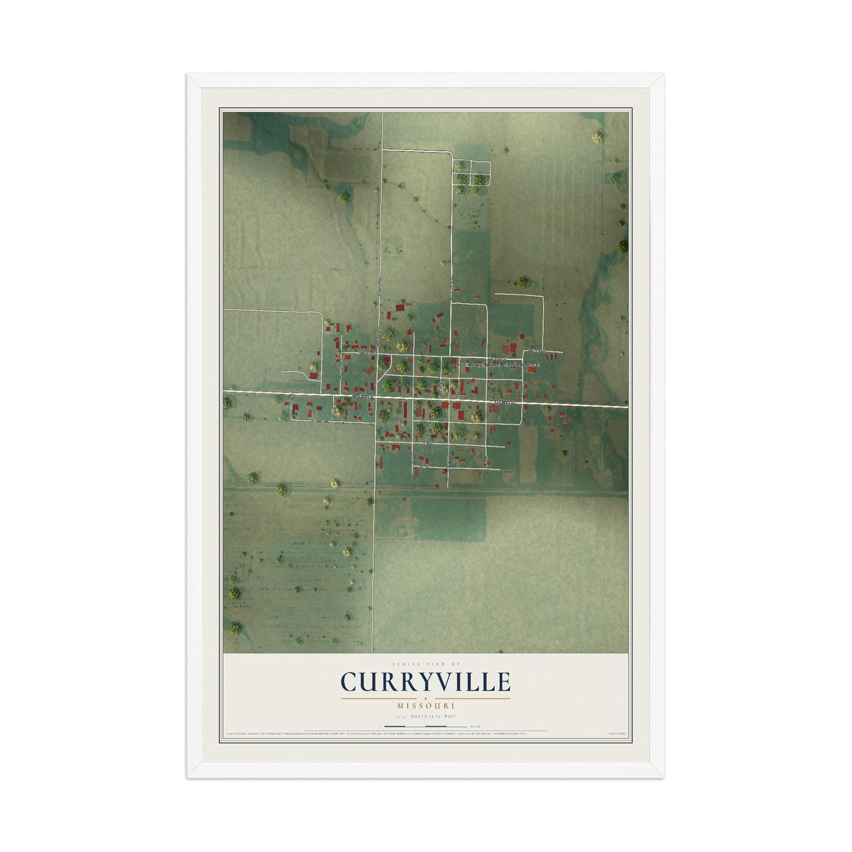 Map of Curryville, Missouri, 12 x 18 inch print in a white wood frame