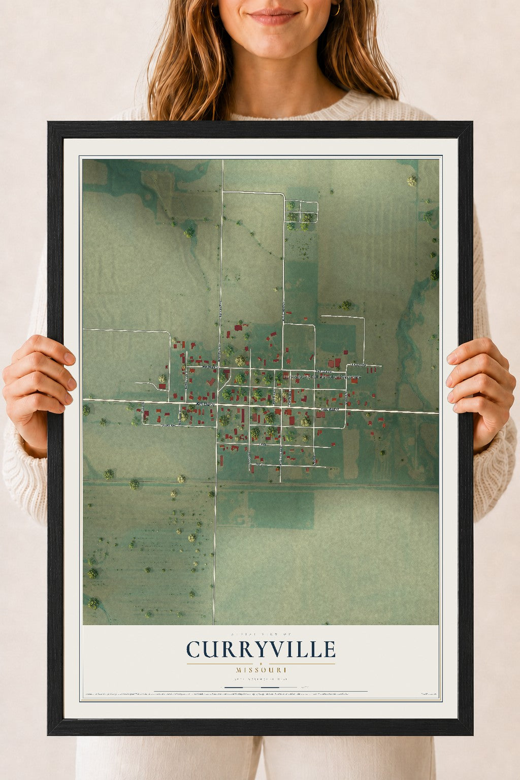 Map of Curryville, Missouri, 18 x 24 inch print in a black wood frame