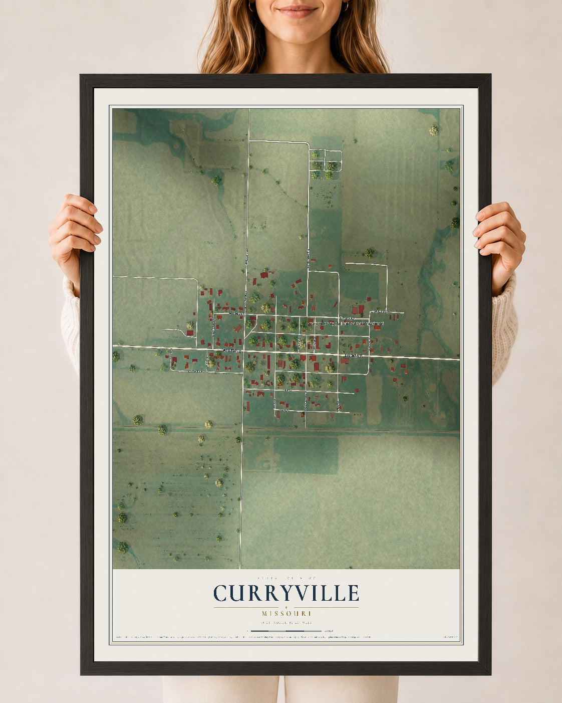 Map of Curryville, Missouri, 24 x 36 inch print in a black wood frame