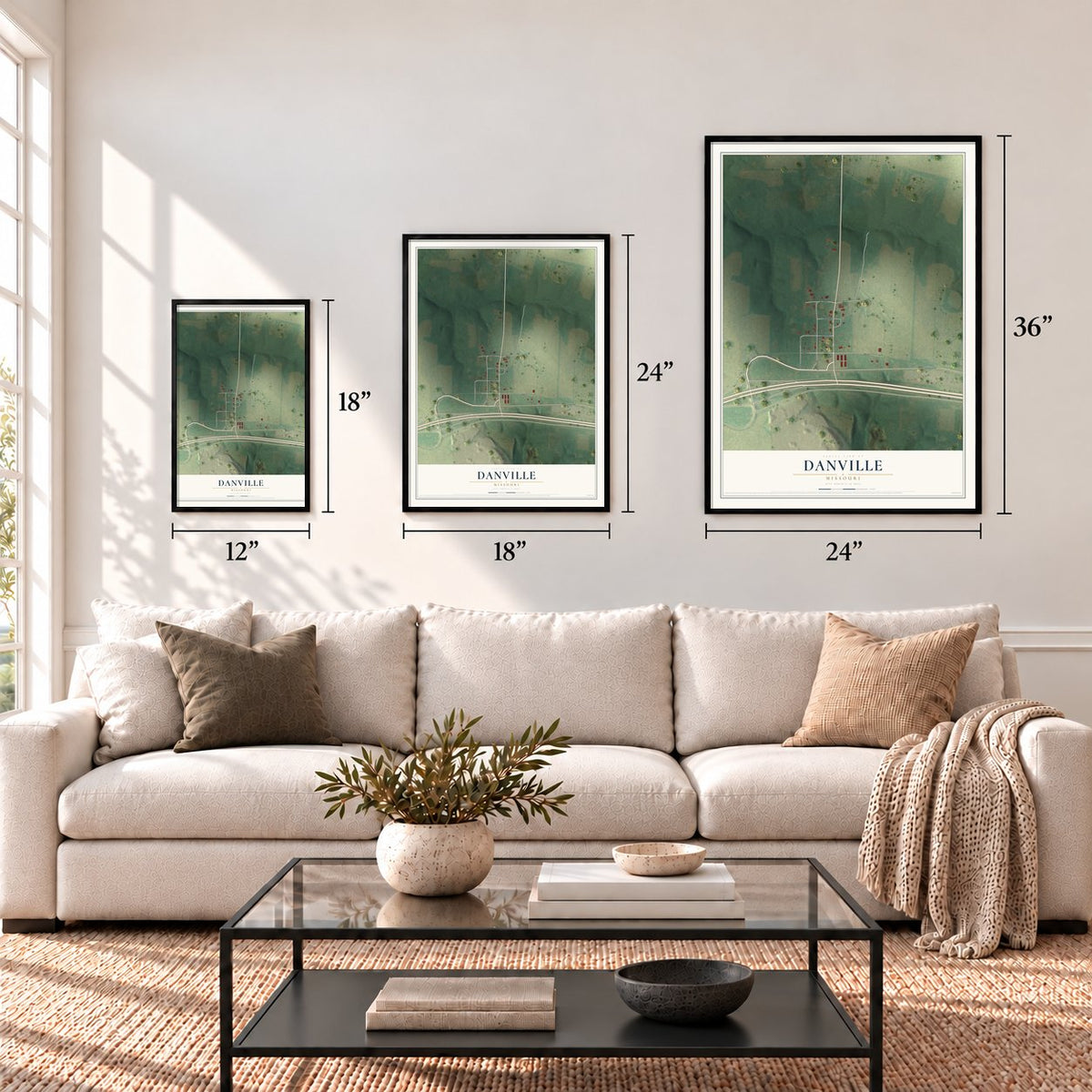 Danville, Missouri map in 12 x 18, 18 x 24 and 24 x 36 inch sizes above a sofa