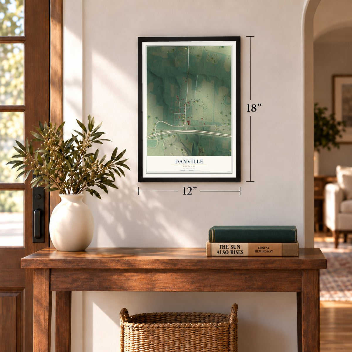 Danville, Missouri map, 12 x 18 inch print in a black frame in an entryway
