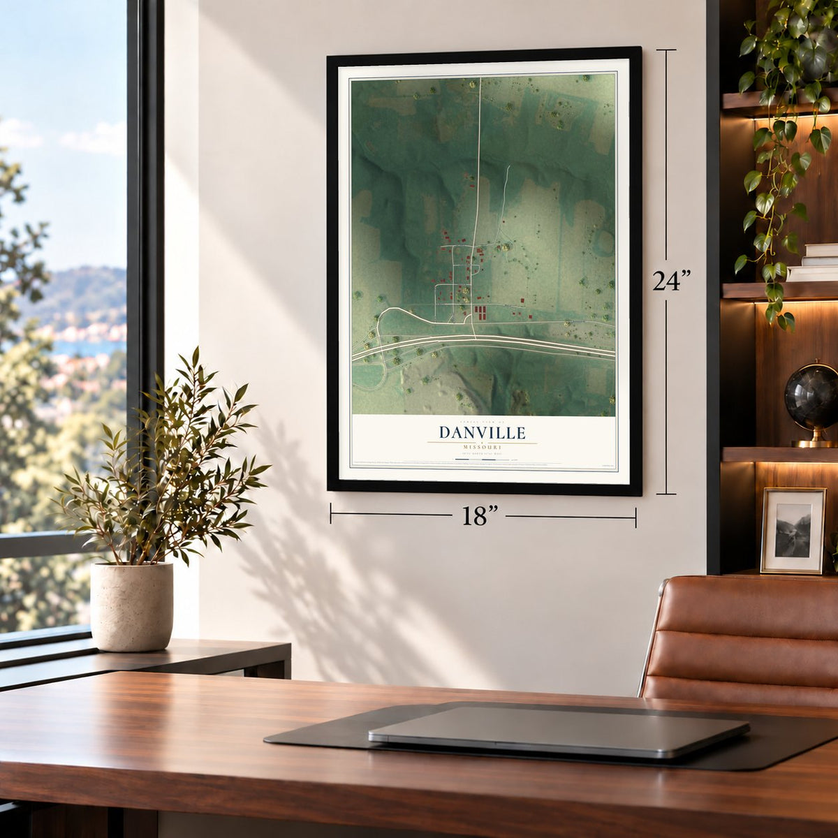 Danville, Missouri map, 18 x 24 inch print in a black frame in a home office
