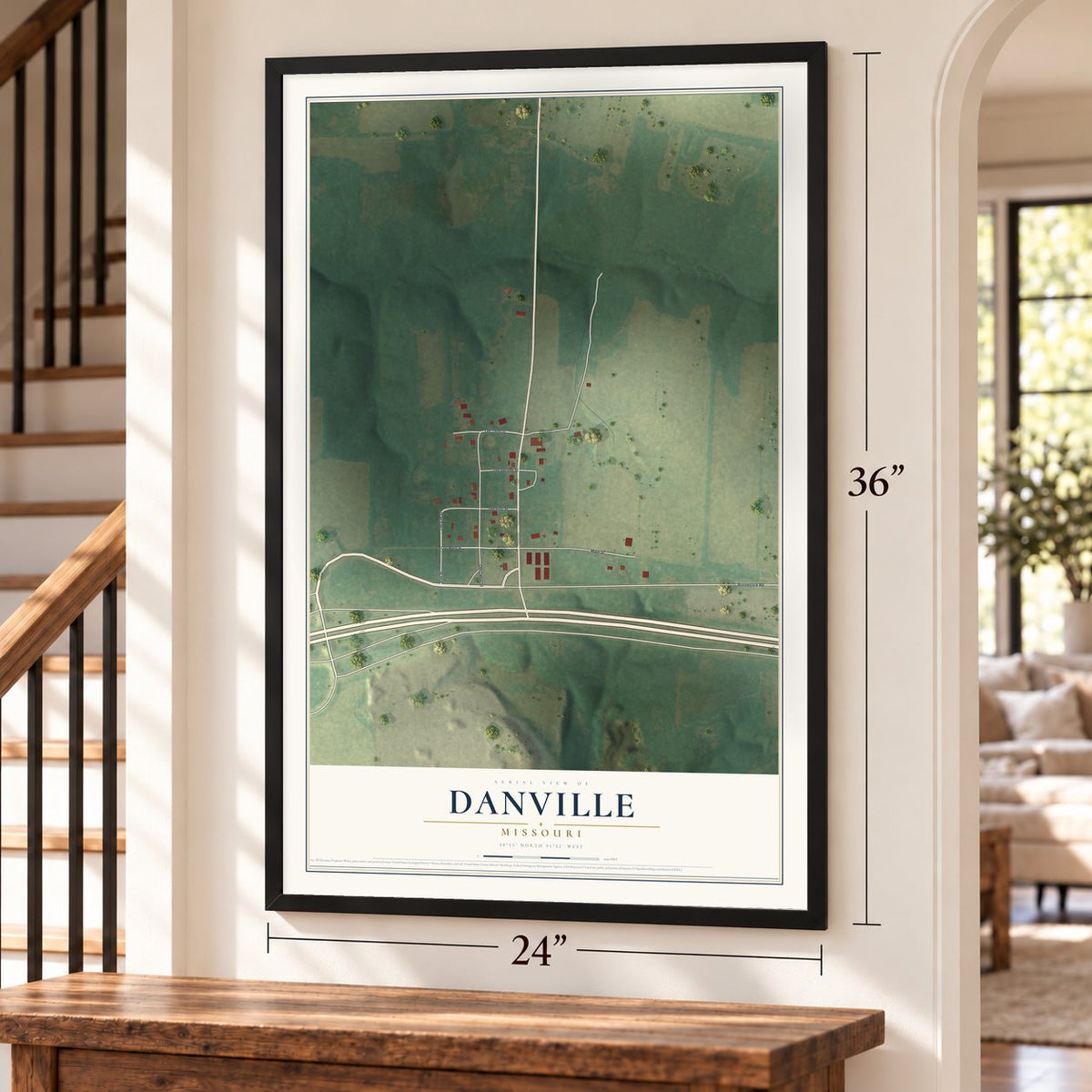 Danville, Missouri map, 24 x 36 inch print in a black frame by a staircase