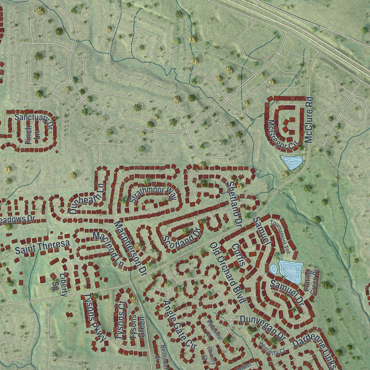 Close-up of the map of Dardenne Prairie, Missouri print showing street and building detail