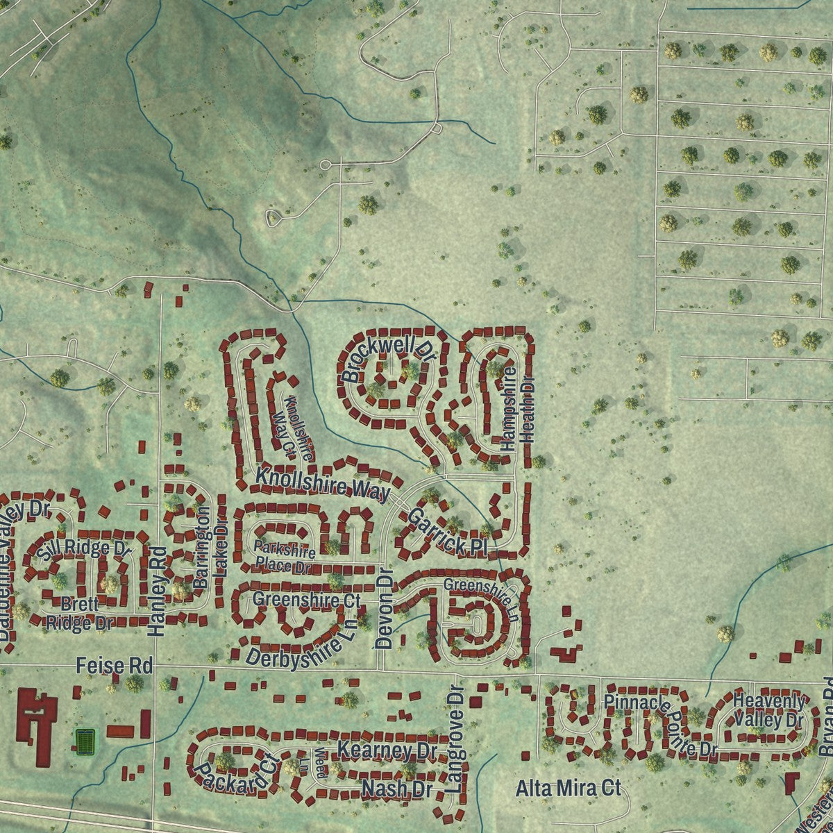 Second close-up of the map of Dardenne Prairie, Missouri print showing more streets and buildings