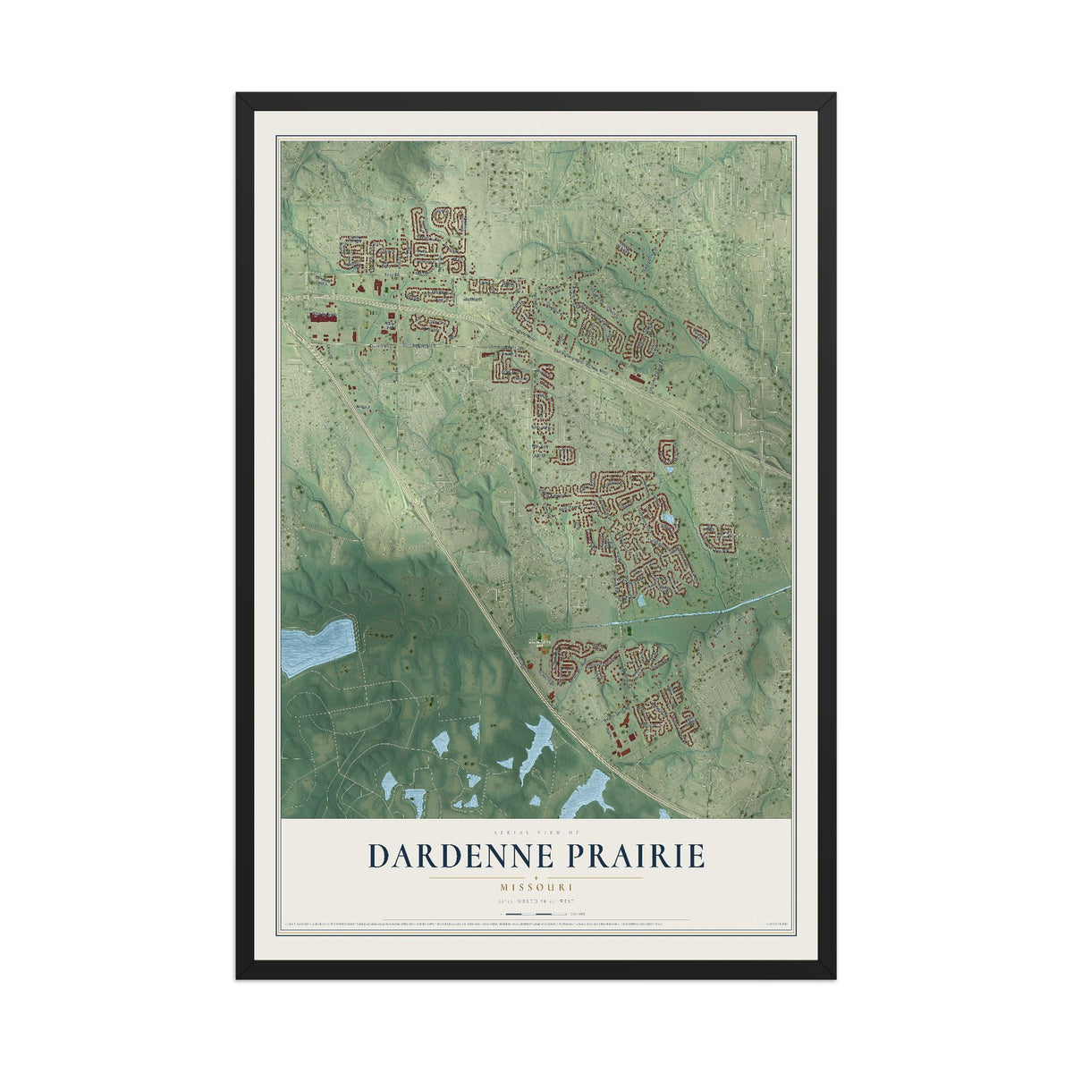Map of Dardenne Prairie, Missouri, 12 x 18 inch print in a black wood frame