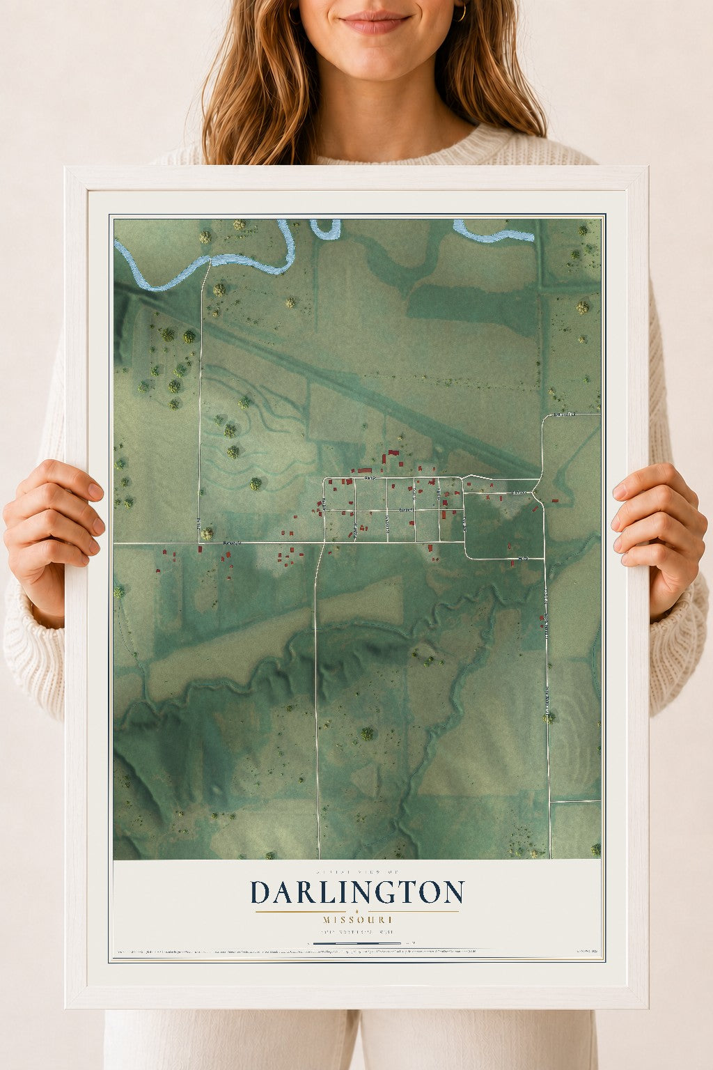 Map of Darlington, Missouri, 18 x 24 inch print in a white wood frame