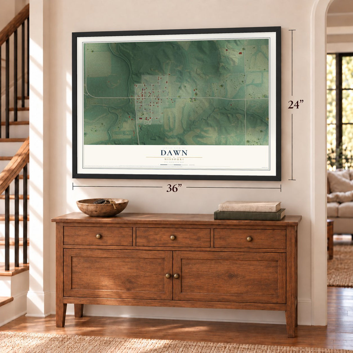 Dawn, Missouri map, 24 x 36 inch print in a black frame above a dresser by a staircase