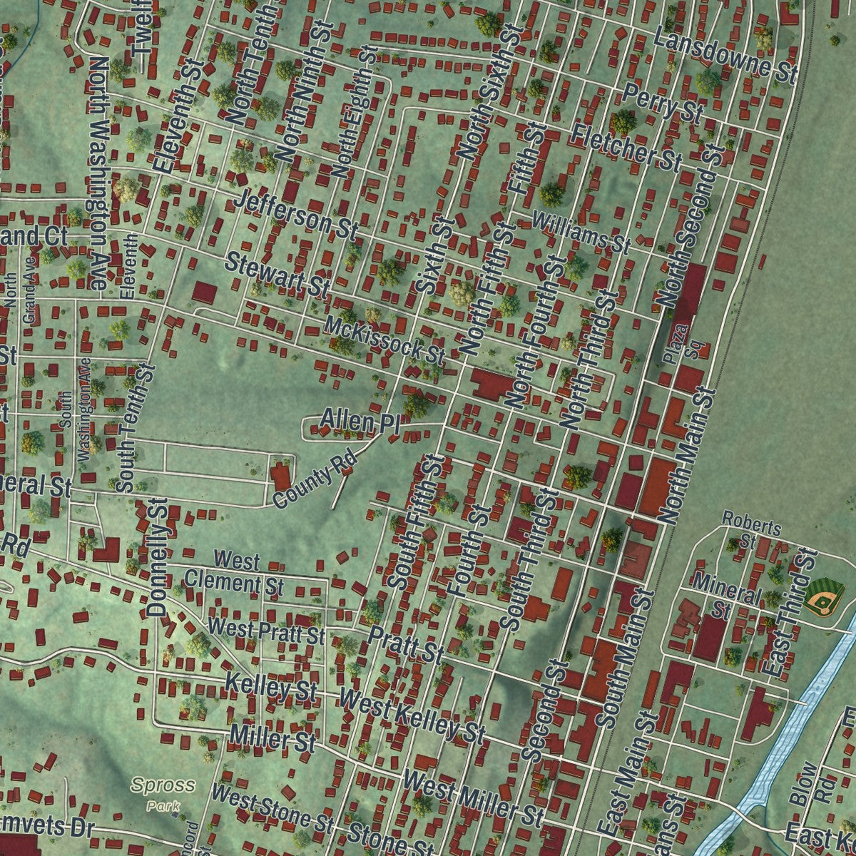 Close-up of the map of De Soto, Missouri print showing street and building detail