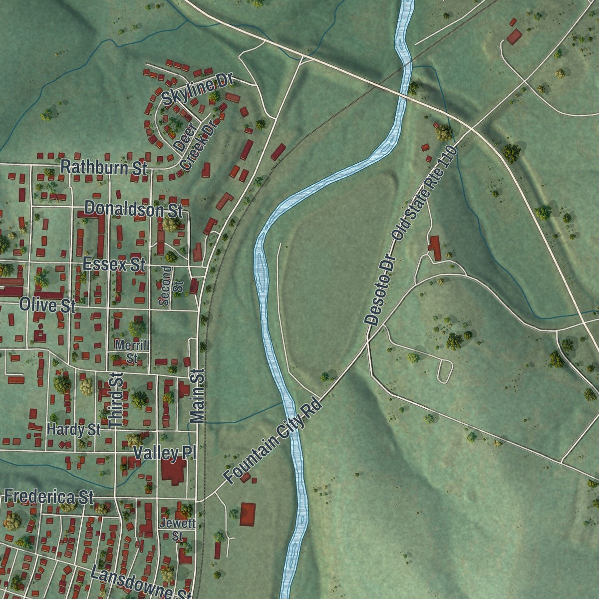 Second close-up of the map of De Soto, Missouri print showing more streets and buildings