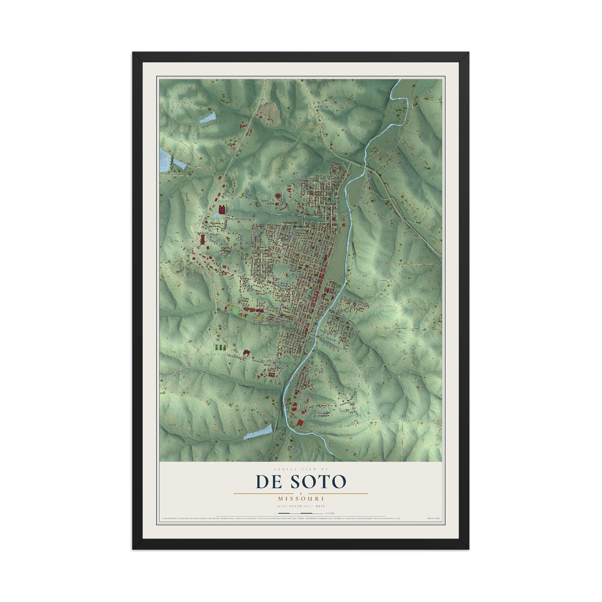 Map of De Soto, Missouri, 12 x 18 inch print in a black wood frame