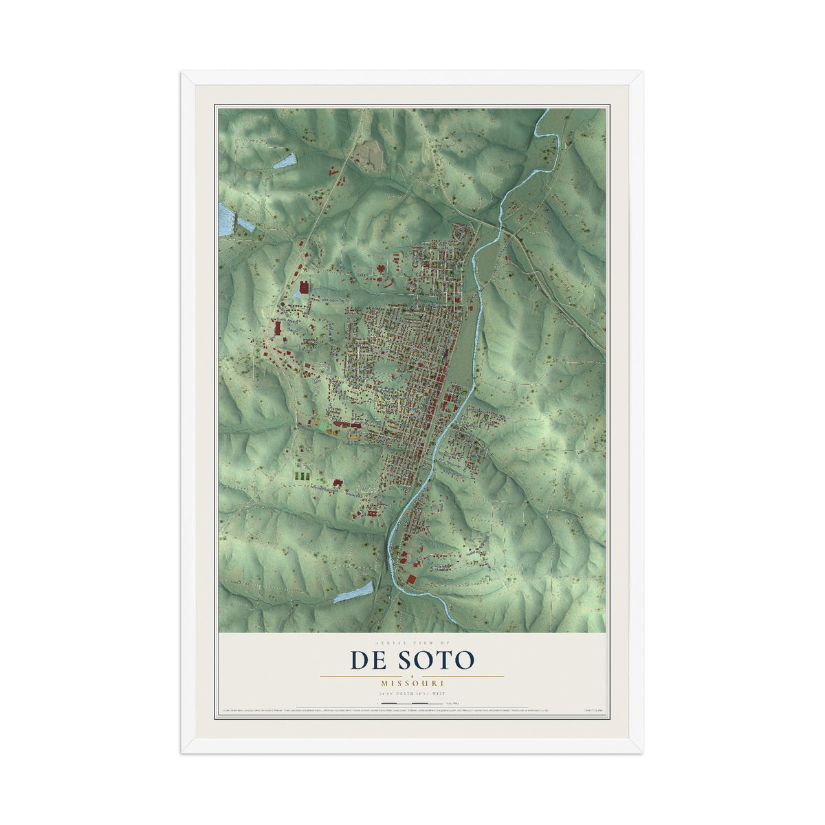 Map of De Soto, Missouri, 12 x 18 inch print in a white wood frame
